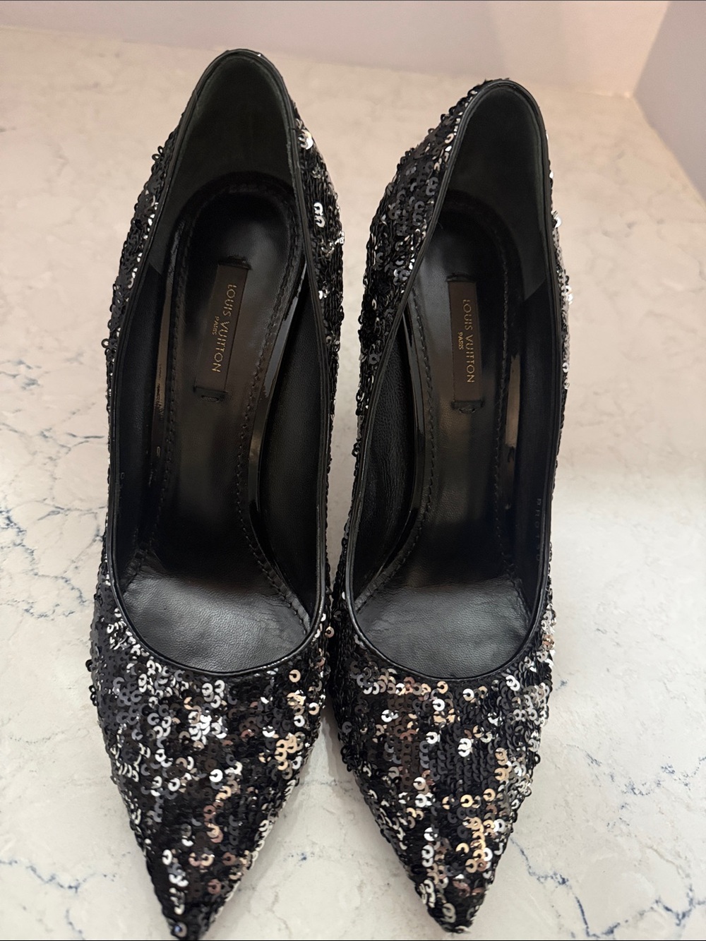 Louis Vuitton Black Sequin Pointed-Toe Pumps with Silver Accents